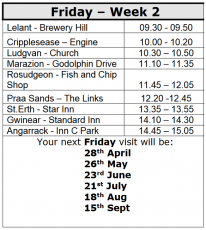 Your next Friday visit will be: 26th May, 23rd Jun, 21st Jul, 18th Aug, 15th Sep Your next Friday visit will be: 26th May, 23rd Jun, 21st Jul, 18th Aug, 15th Sep