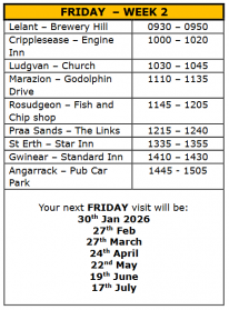 Your next Friday visit will be: 30th Jan 2026, 27th Feb, 27th March, 24th April, 22nd May, 195h June, 17th July