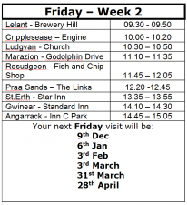 Your next Friday visit will be: 6th Jan, 3rd Feb, 3rd Mar, 31st Mar, 28th Apr Your next Friday visit will be: 6th Jan, 3rd Feb, 3rd Mar, 31st Mar, 28th Apr