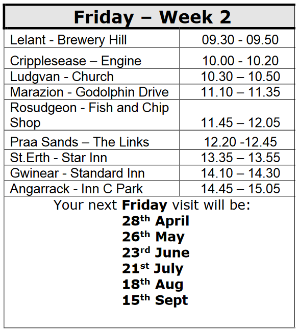 Your next Friday visit will be: 26th May, 23rd Jun, 21st Jul, 18th Aug, 15th Sep Your next Friday visit will be: 26th May, 23rd Jun, 21st Jul, 18th Aug, 15th Sep