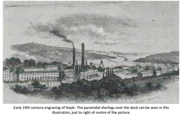 Early 19th century engraving of Hayle. The pyramidal sherlegs over the dock can be seen in this illustration, just to right of centre of the picture Early 19th century engraving of Hayle. The pyramidal sherlegs over the dock can be seen in this illustration, just to right of centre of the picture