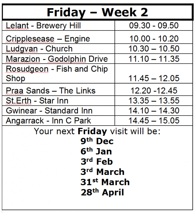 Your next Friday visit will be: 6th Jan, 3rd Feb, 3rd Mar, 31st Mar, 28th Apr Your next Friday visit will be: 6th Jan, 3rd Feb, 3rd Mar, 31st Mar, 28th Apr