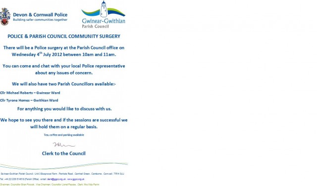 Gwinear Gwithian Police Surgery Meeting 4th July 2012 Gwinear Gwithian Police Surgery Meeting 4th July 2012